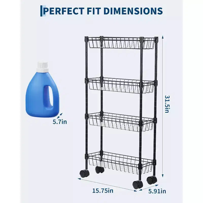 Chariot de rangement roulant en métal à 3/4 niveaux avec roues et paniers, organisateur ajustable peu encombrant pour cuisine, bureau, salle de bain et garage – Noir