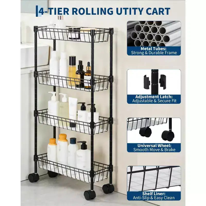 Chariot de rangement roulant en métal à 3/4 niveaux avec roues et paniers, organisateur ajustable peu encombrant pour cuisine, bureau, salle de bain et garage – Noir