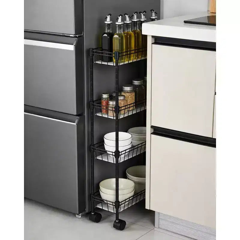 Chariot de rangement roulant en métal à 3/4 niveaux avec roues et paniers, organisateur ajustable peu encombrant pour cuisine, bureau, salle de bain et garage – Noir