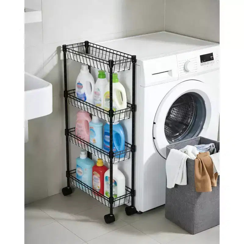 Chariot de rangement roulant en métal à 3/4 niveaux avec roues et paniers, organisateur ajustable peu encombrant pour cuisine, bureau, salle de bain et garage – Noir
