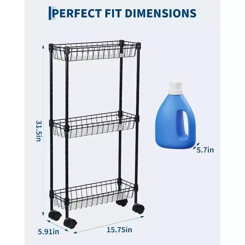 Chariot de rangement roulant en métal à 3/4 niveaux avec roues et paniers, organisateur ajustable peu encombrant pour cuisine, bureau, salle de bain et garage – Noir