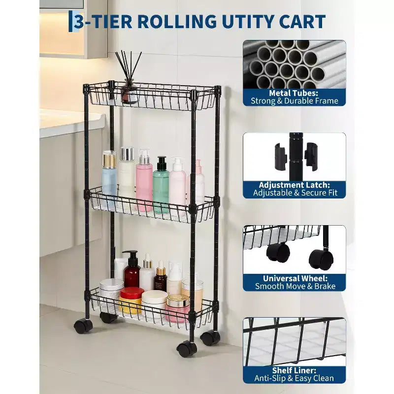 Chariot de rangement roulant en métal à 3/4 niveaux avec roues et paniers, organisateur ajustable peu encombrant pour cuisine, bureau, salle de bain et garage – Noir