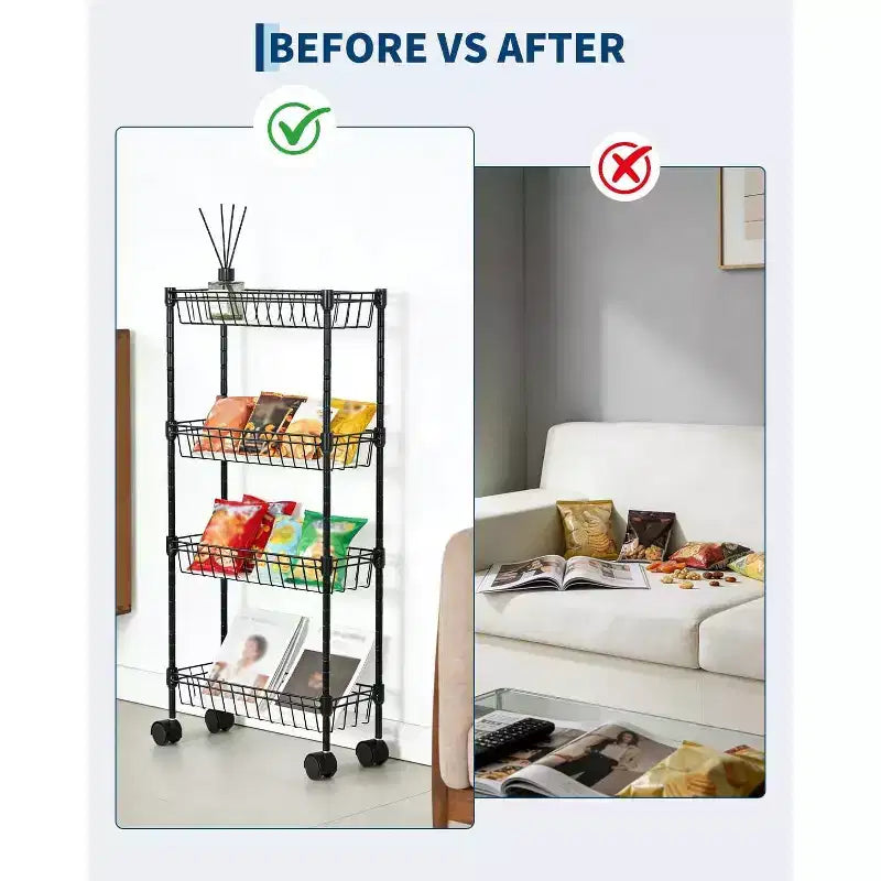 Chariot de rangement roulant en métal à 3/4 niveaux avec roues et paniers, organisateur ajustable peu encombrant pour cuisine, bureau, salle de bain et garage – Noir