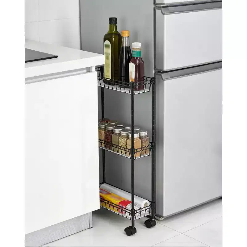 Chariot de rangement roulant en métal à 3/4 niveaux avec roues et paniers, organisateur ajustable peu encombrant pour cuisine, bureau, salle de bain et garage – Noir