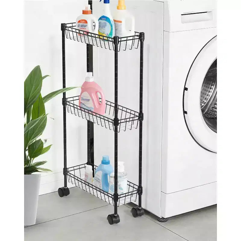 Chariot de rangement roulant en métal à 3/4 niveaux avec roues et paniers, organisateur ajustable peu encombrant pour cuisine, bureau, salle de bain et garage – Noir