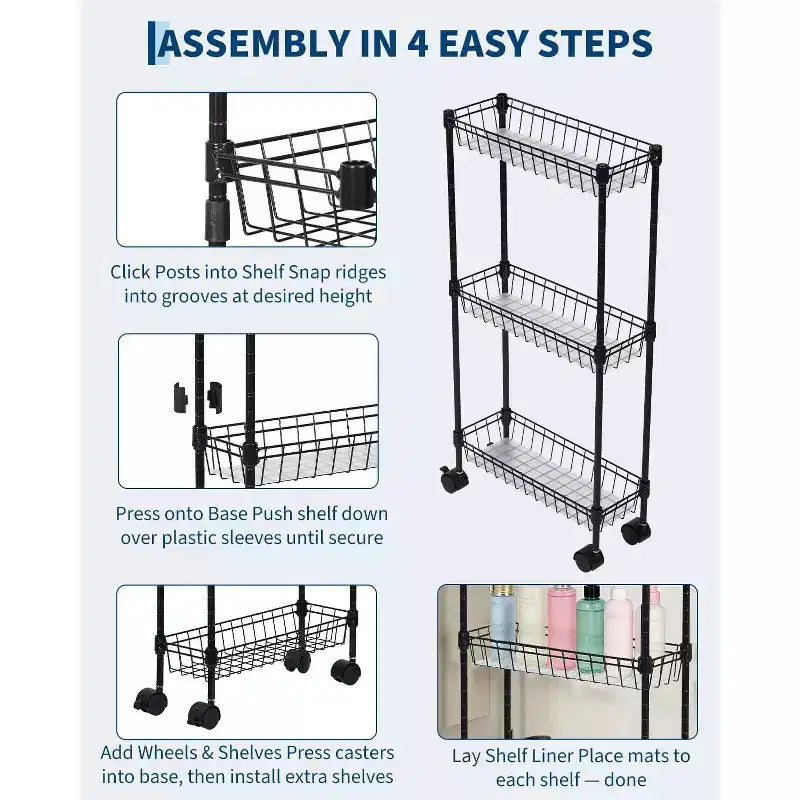 Chariot de rangement roulant en métal à 3/4 niveaux avec roues et paniers, organisateur ajustable peu encombrant pour cuisine, bureau, salle de bain et garage – Noir