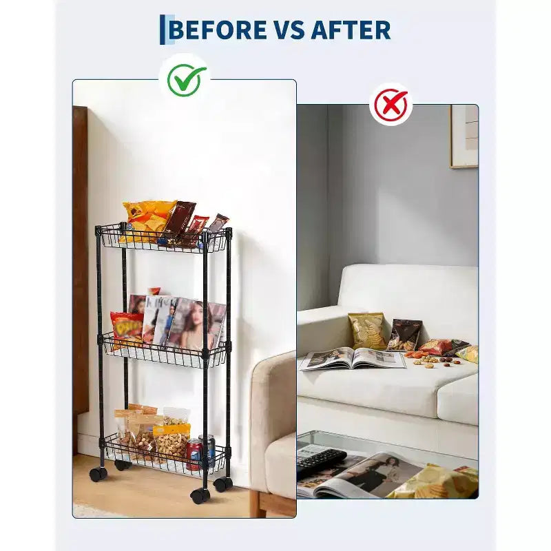 Chariot de rangement roulant en métal à 3/4 niveaux avec roues et paniers, organisateur ajustable peu encombrant pour cuisine, bureau, salle de bain et garage – Noir