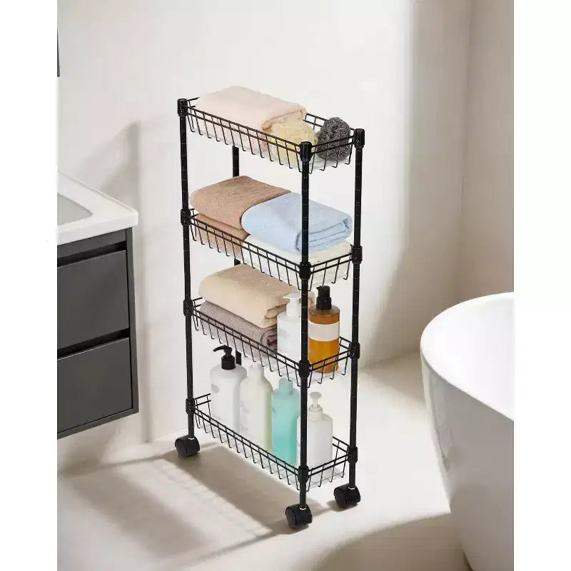 Chariot de rangement roulant en métal à 3/4 niveaux avec roues et paniers, organisateur ajustable peu encombrant pour cuisine, bureau, salle de bain et garage – Noir