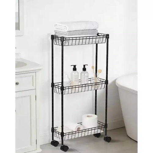 Slim 3-Tier/4-Tier Metal Rolling Storage Cart with Wheels & Baskets, Adjustable Space-Saving Organizer for Kitchen Office Bathroom Garage, Black