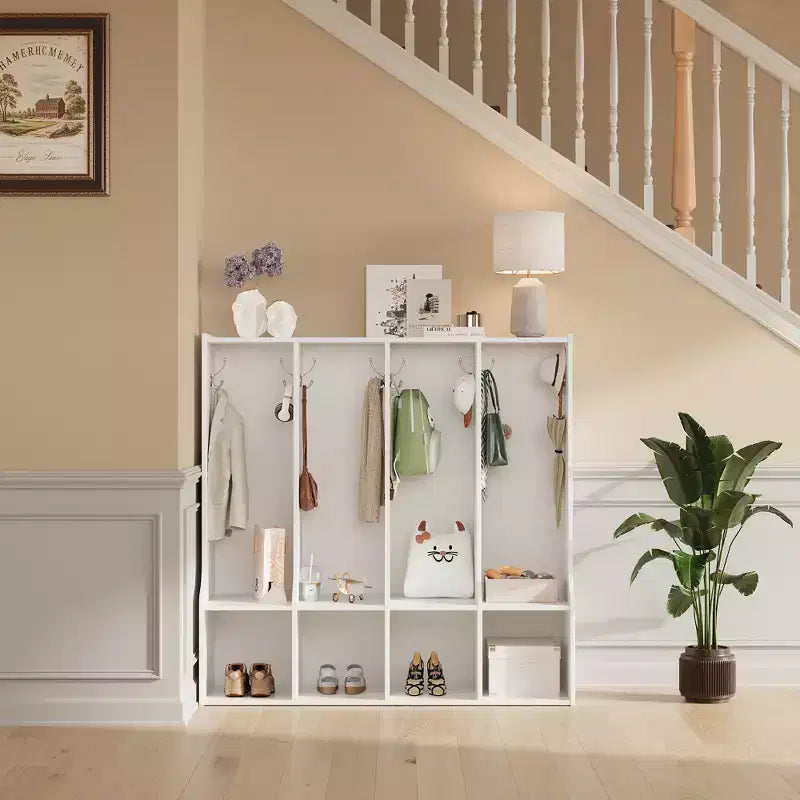Vestiaire à 4 sections avec casiers et crochets, Organiseur de rangement en bois pour la maison, l'école, la crèche
