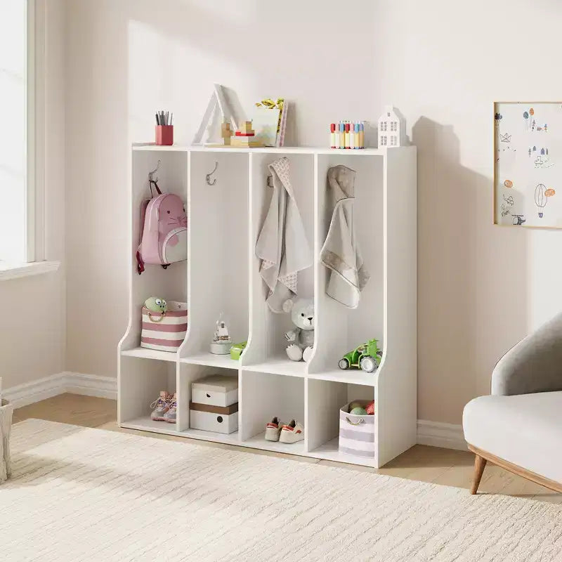 Vestiaire à 4 sections avec casiers et crochets, Organiseur de rangement en bois pour la maison, l'école, la crèche