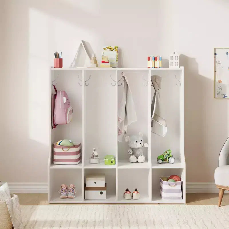 Vestiaire à 4 sections avec casiers et crochets, Organiseur de rangement en bois pour la maison, l'école, la crèche