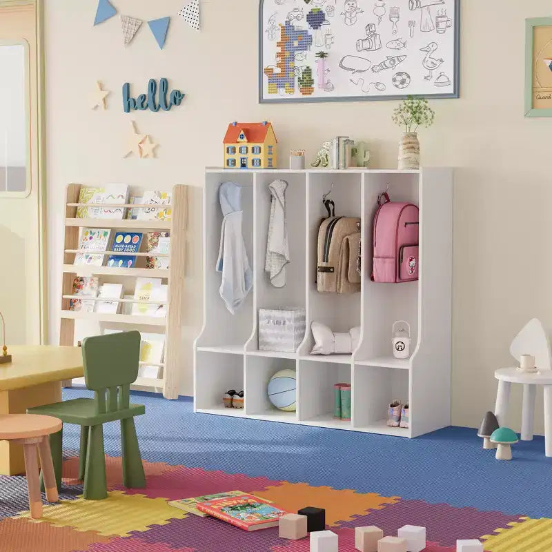 Vestiaire à 4 sections avec casiers et crochets, Organiseur de rangement en bois pour la maison, l'école, la crèche
