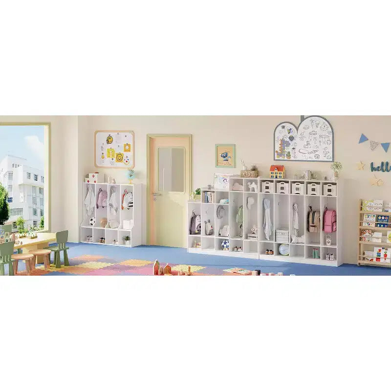 Vestiaire à 4 sections avec casiers et crochets, Organiseur de rangement en bois pour la maison, l'école, la crèche