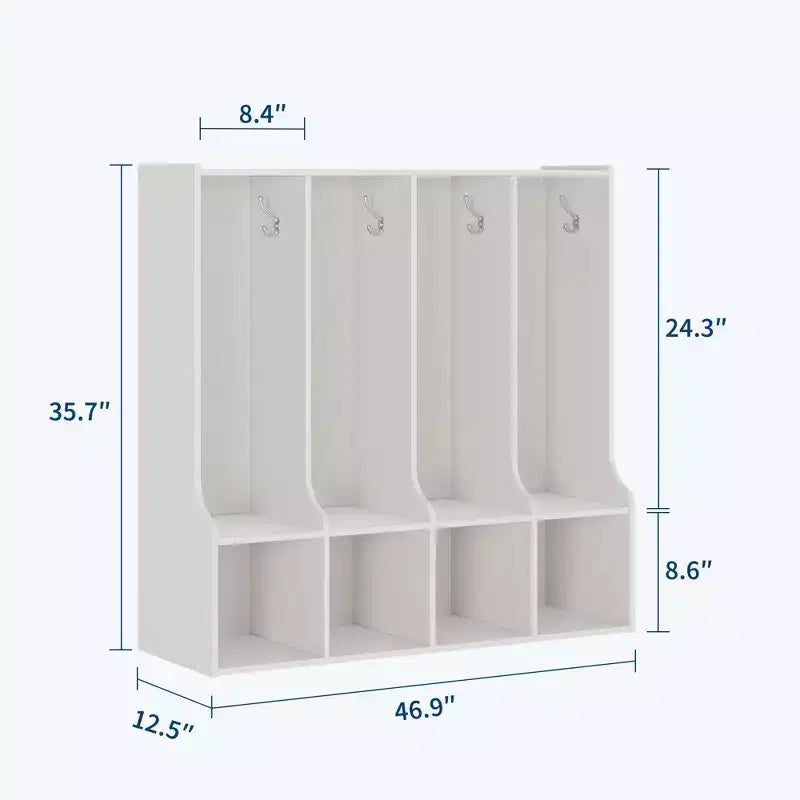 Vestiaire à 4 sections avec casiers et crochets, Organiseur de rangement en bois pour la maison, l'école, la crèche