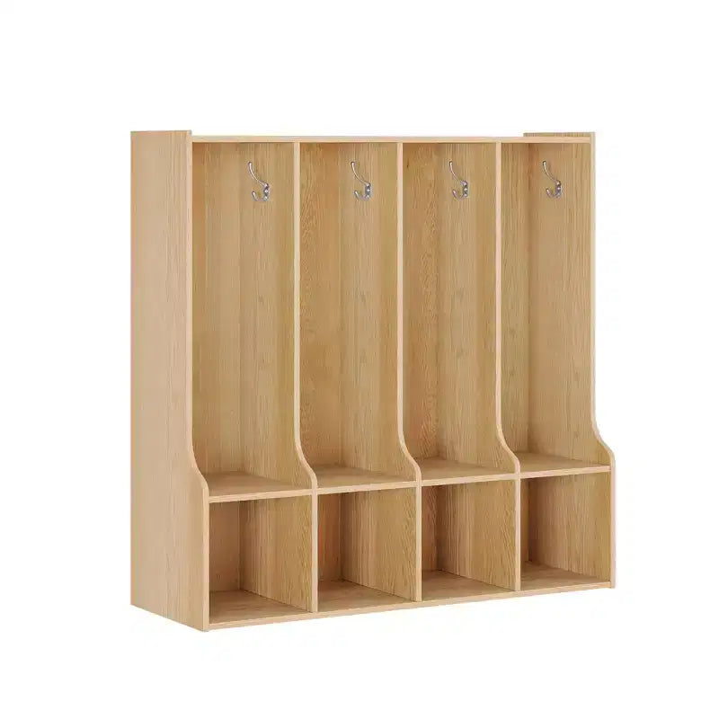 Vestiaire à 4 sections avec casiers et crochets, Organiseur de rangement en bois pour la maison, l'école, la crèche