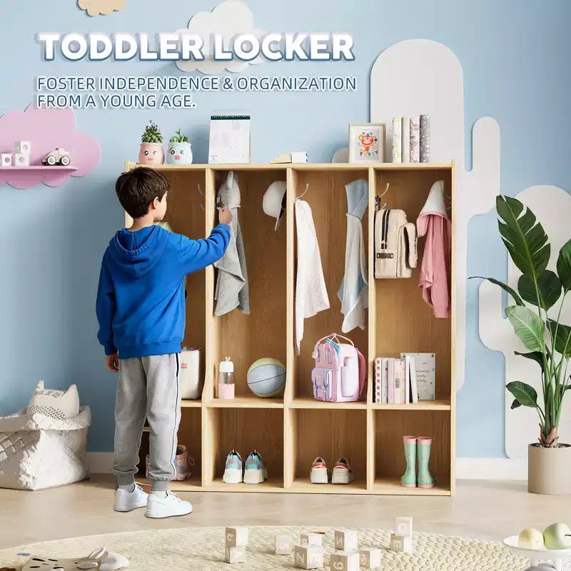 Vestiaire à 4 sections avec casiers et crochets, Organiseur de rangement en bois pour la maison, l'école, la crèche