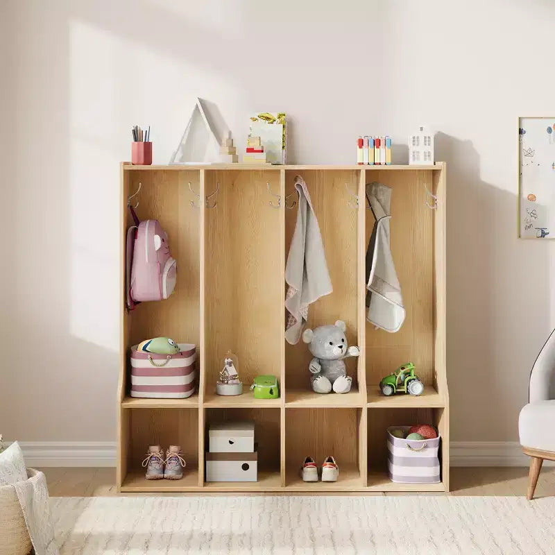 Vestiaire à 4 sections avec casiers et crochets, Organiseur de rangement en bois pour la maison, l'école, la crèche