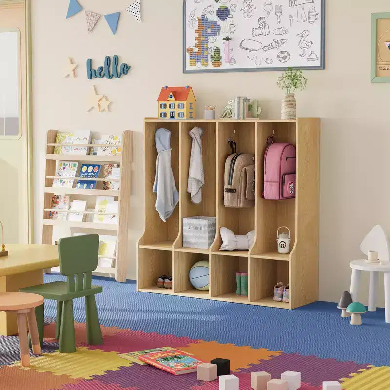 Vestiaire à 4 sections avec casiers et crochets, Organiseur de rangement en bois pour la maison, l'école, la crèche