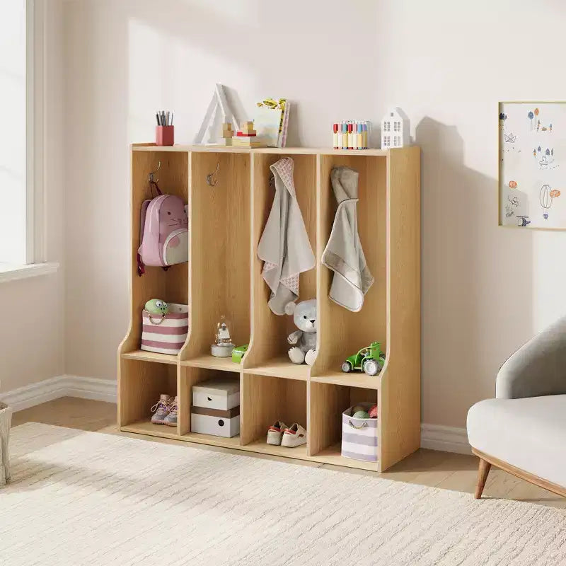 Vestiaire à 4 sections avec casiers et crochets, Organiseur de rangement en bois pour la maison, l'école, la crèche