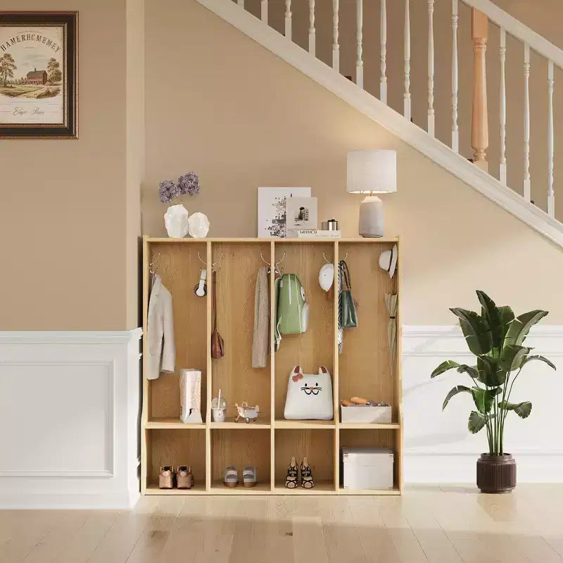 Vestiaire à 4 sections avec casiers et crochets, Organiseur de rangement en bois pour la maison, l'école, la crèche
