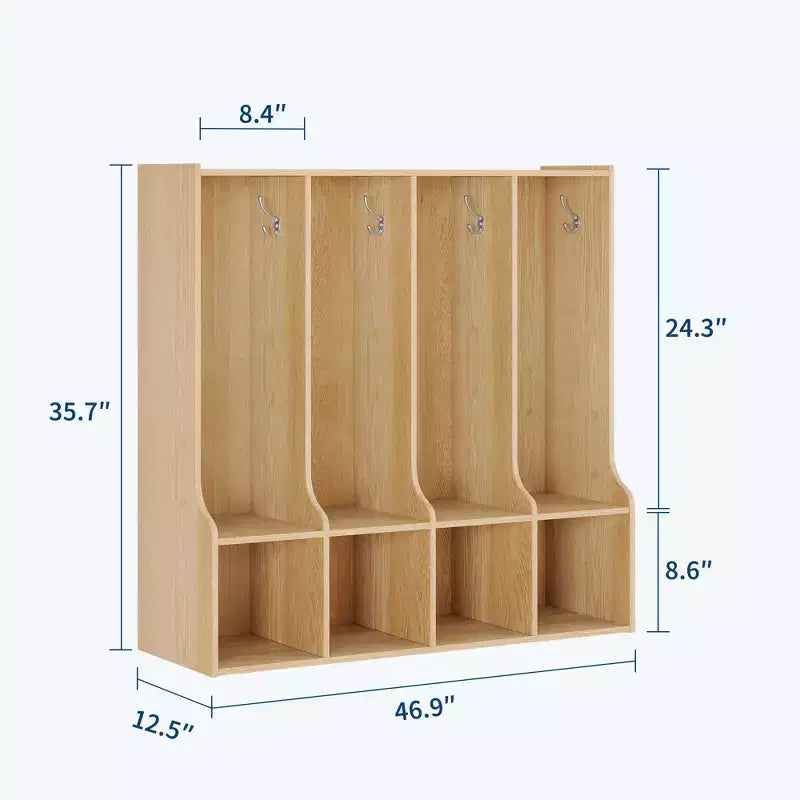 Vestiaire à 4 sections avec casiers et crochets, Organiseur de rangement en bois pour la maison, l'école, la crèche