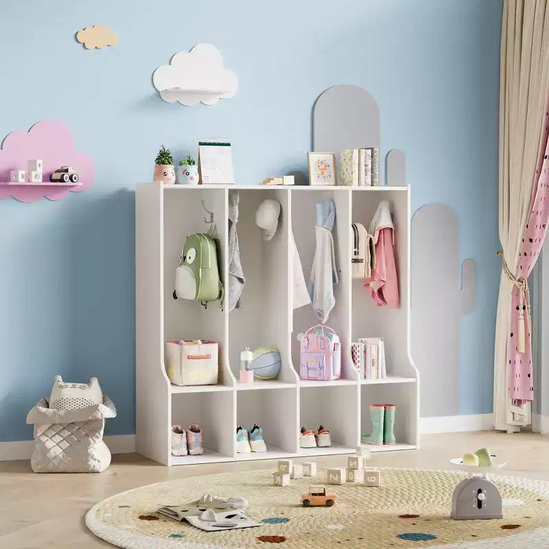 Vestiaire à 4 sections avec casiers et crochets, Organiseur de rangement en bois pour la maison, l'école, la crèche