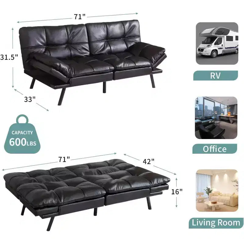 Canapé-lit futon convertible de 71 po avec mousse à mémoire de forme, inclinable pour salon, bureau et appartement