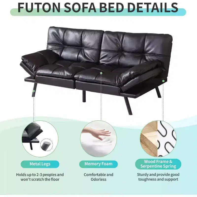 Canapé-lit futon convertible de 71 po avec mousse à mémoire de forme, inclinable pour salon, bureau et appartement