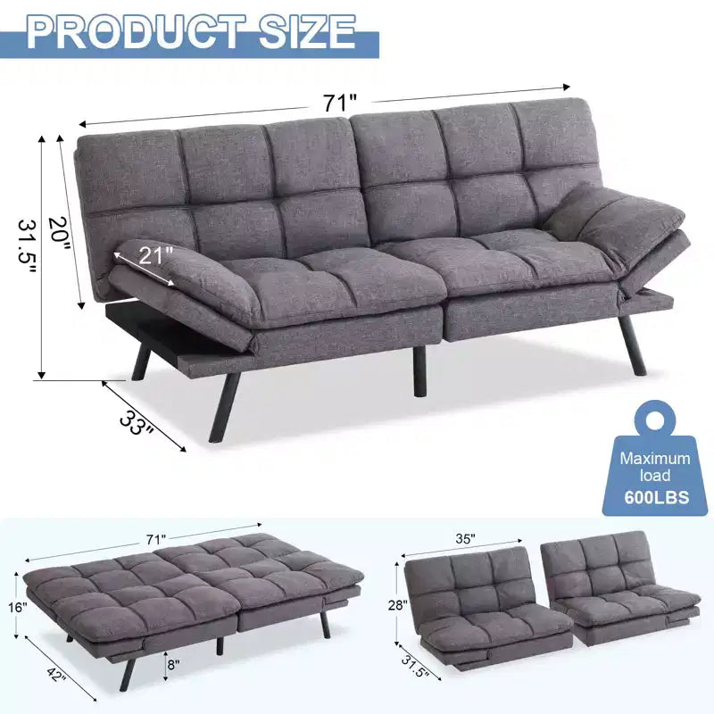 Canapé-lit futon convertible de 71 po avec mousse à mémoire de forme, inclinable pour salon, bureau et appartement