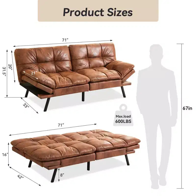 Canapé-lit futon convertible de 71 po avec mousse à mémoire de forme, inclinable pour salon, bureau et appartement