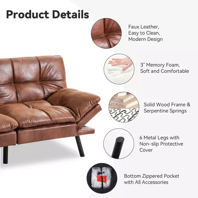 Canapé-lit futon convertible de 71 po avec mousse à mémoire de forme, inclinable pour salon, bureau et appartement