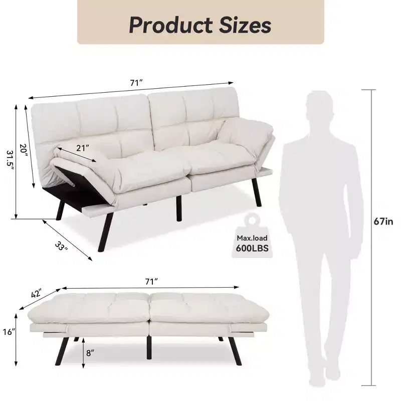 Canapé-lit futon convertible de 71 po avec mousse à mémoire de forme, inclinable pour salon, bureau et appartement