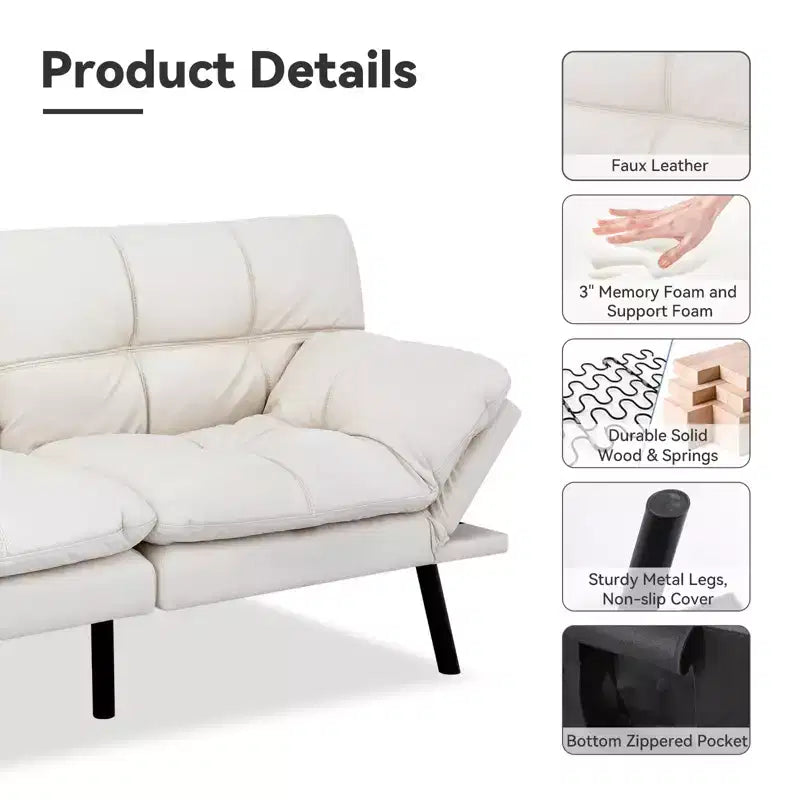 Canapé-lit futon convertible de 71 po avec mousse à mémoire de forme, inclinable pour salon, bureau et appartement