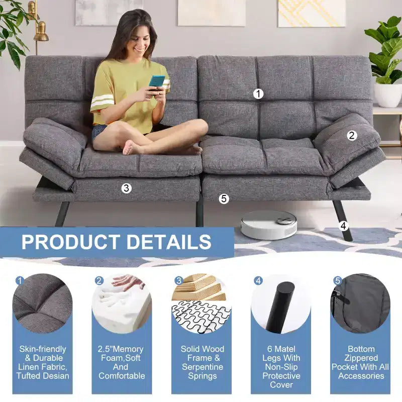 Canapé-lit futon convertible de 71 po avec mousse à mémoire de forme, inclinable pour salon, bureau et appartement