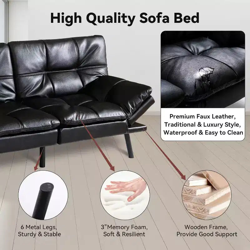 Canapé-lit futon convertible de 71 po avec mousse à mémoire de forme, inclinable pour salon, bureau et appartement