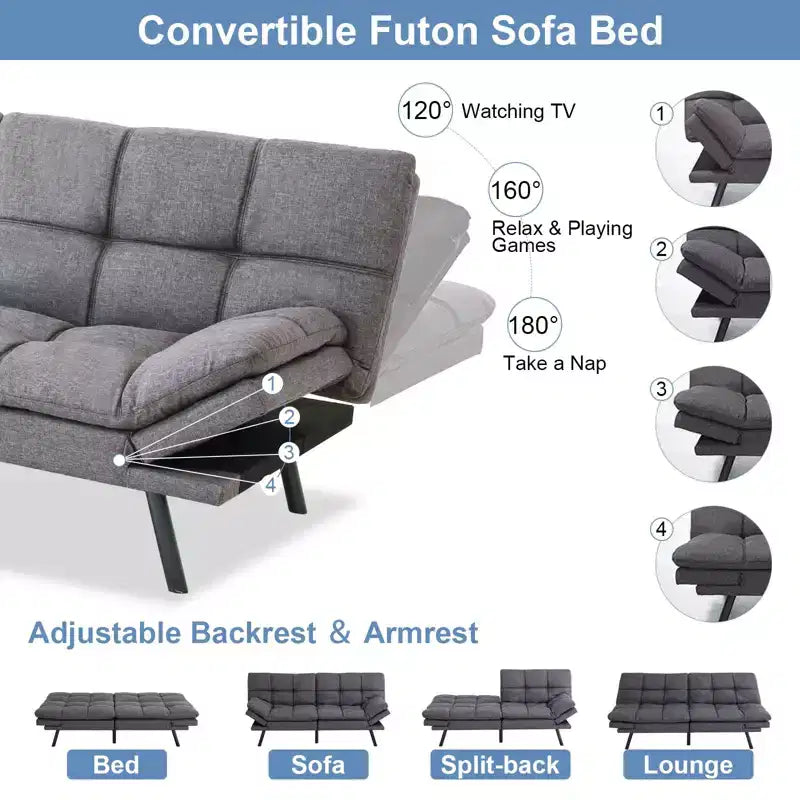 Canapé-lit futon convertible de 71 po avec mousse à mémoire de forme, inclinable pour salon, bureau et appartement