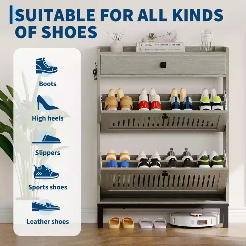 Meuble à chaussures avec 2 tiroirs abattants et 1 tiroir supérieur, organisateur de chaussures en MDF avec étagère réglable et crochets latéraux