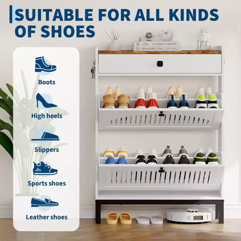Meuble à chaussures avec 2 tiroirs abattants et 1 tiroir supérieur, organisateur de chaussures en MDF avec étagère réglable et crochets latéraux