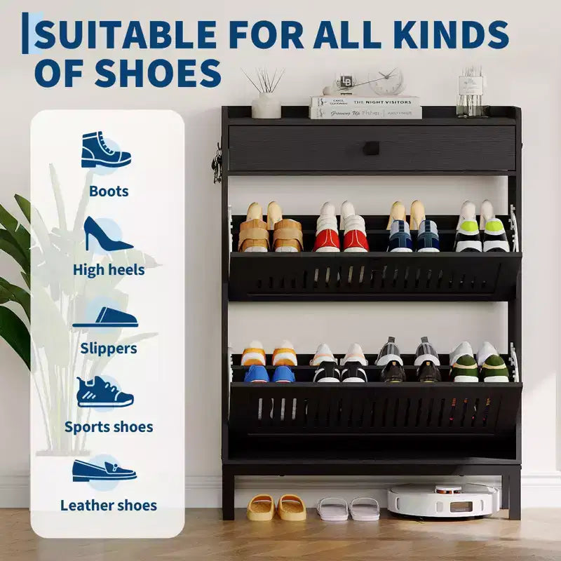 Meuble à chaussures avec 2 tiroirs abattants et 1 tiroir supérieur, organisateur de chaussures en MDF avec étagère réglable et crochets latéraux