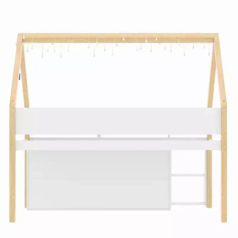 Lit mezzanine bas avec 2 étagères, meuble de rangement et lumières, blanc et naturel