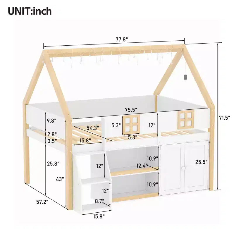 Lit mezzanine bas avec 2 étagères, meuble de rangement et lumières, blanc et naturel