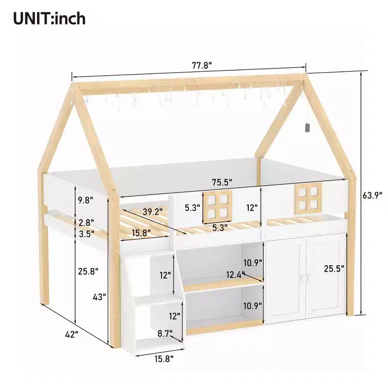 Lit mezzanine bas avec 2 étagères, meuble de rangement et lumières, blanc et naturel