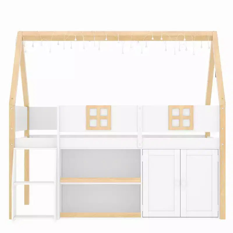 Lit mezzanine bas avec 2 étagères, meuble de rangement et lumières, blanc et naturel