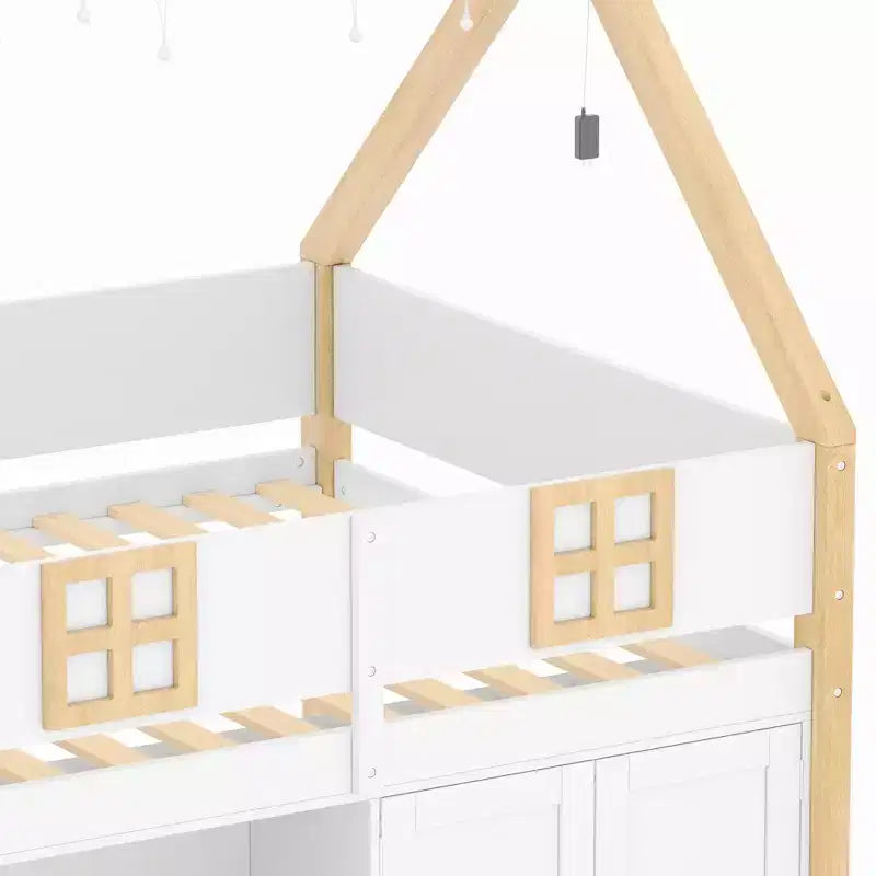 Lit mezzanine bas avec 2 étagères, meuble de rangement et lumières, blanc et naturel