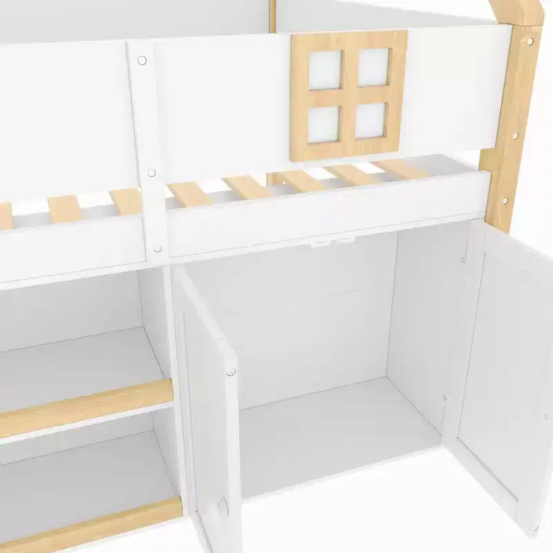 Lit mezzanine bas avec 2 étagères, meuble de rangement et lumières, blanc et naturel