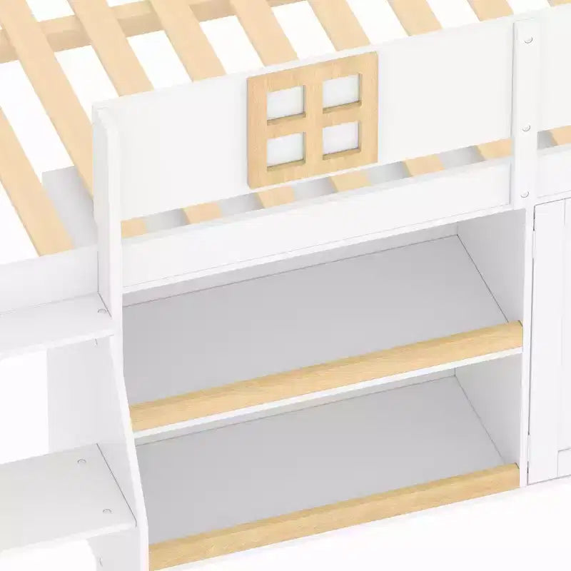 Lit mezzanine bas avec 2 étagères, meuble de rangement et lumières, blanc et naturel