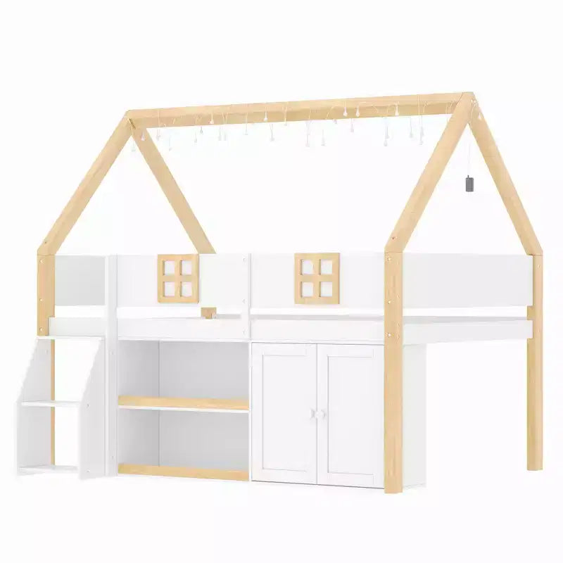 Lit mezzanine bas avec 2 étagères, meuble de rangement et lumières, blanc et naturel