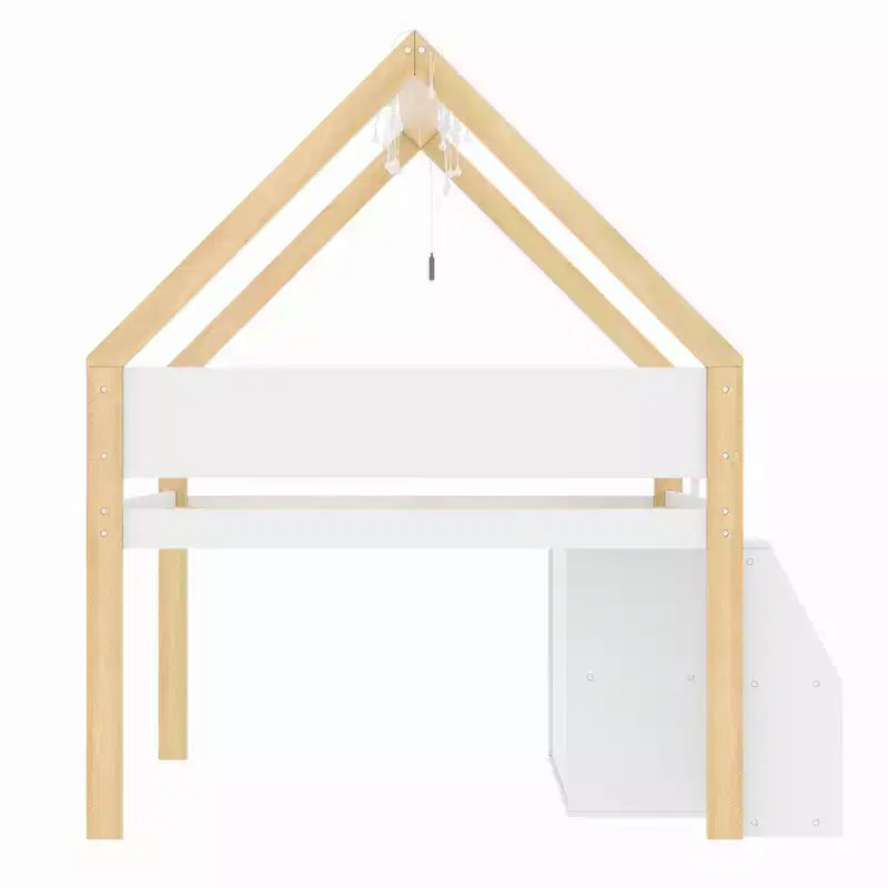 Lit mezzanine bas avec 2 étagères, meuble de rangement et lumières, blanc et naturel