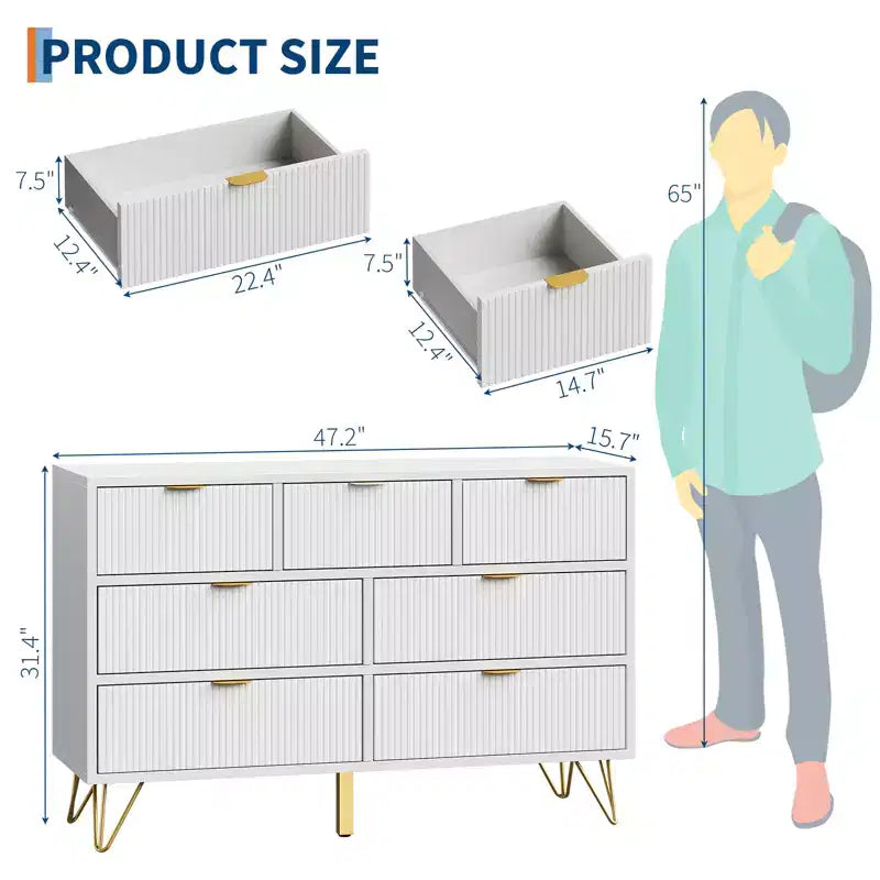 Commode 7 tiroirs avec panneau cannelé, poignées dorées et pieds en V, organisateur de rangement de 119 cm de large pour chambre à coucher, salon et entrée